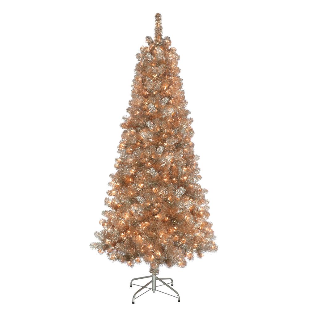 Puleo International 6.5 ft. Pre-Lit Rose Gold Tinsel Artificial Christmas Tree with 400 UL- Listed Lights