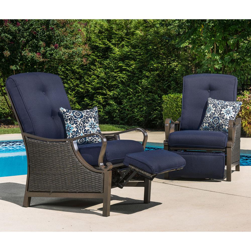 Hanover Ventura All Weather Wicker Reclining Patio Lounge Chair With Navy Blue Cushion Venturarec Nvy The Home Depot