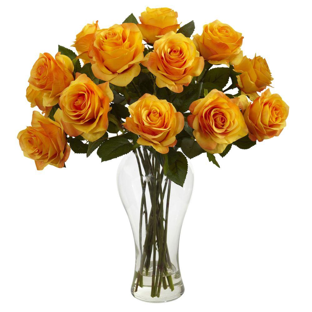 Nearly Natural Blooming Roses With Vase In Orange Yellow 1328 Oy