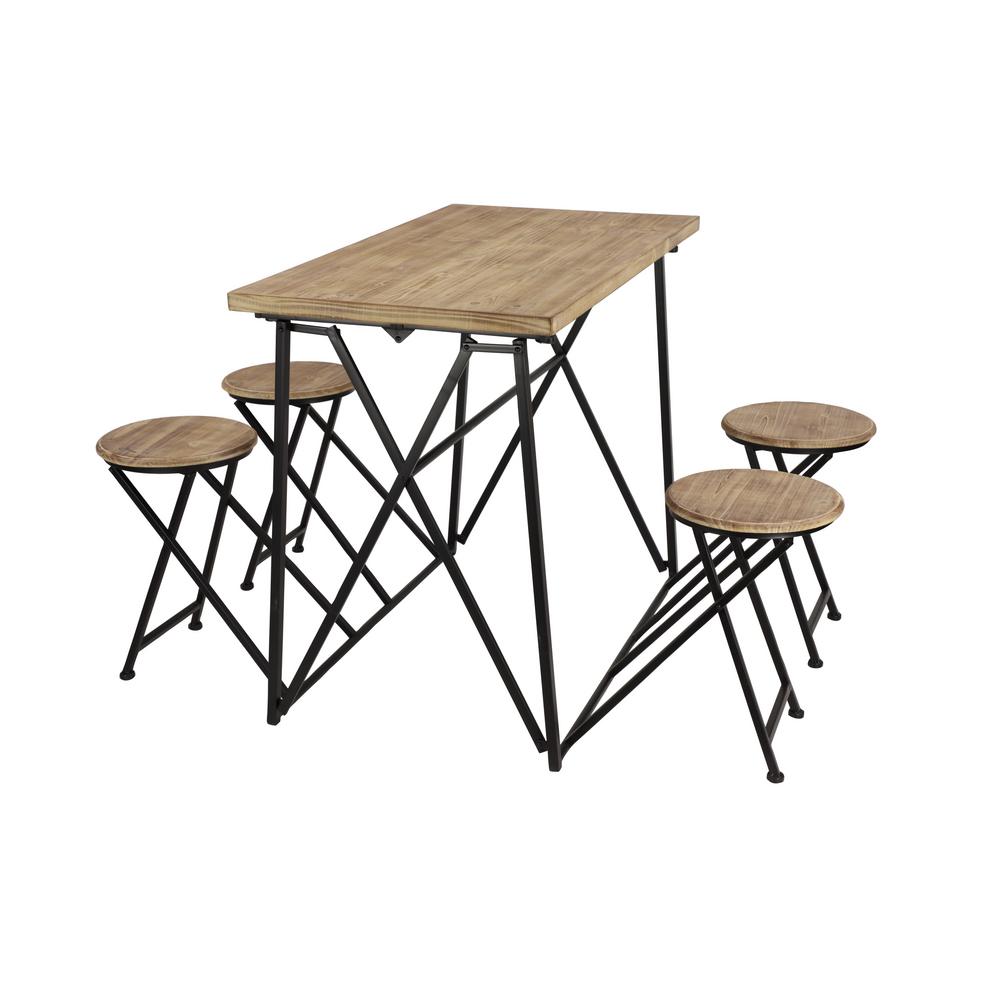 Litton Lane Industrial Brown Wood And Black Metal Dining Table Set With 4 Retractable Nesting Stools 43668 The Home Depot