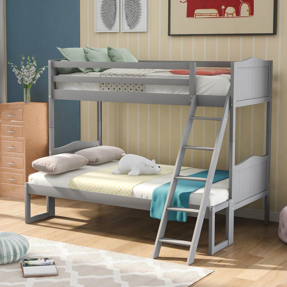 Harper & Bright Designs Gray Twin Over Twin/Full Bunk Bed with Ladder