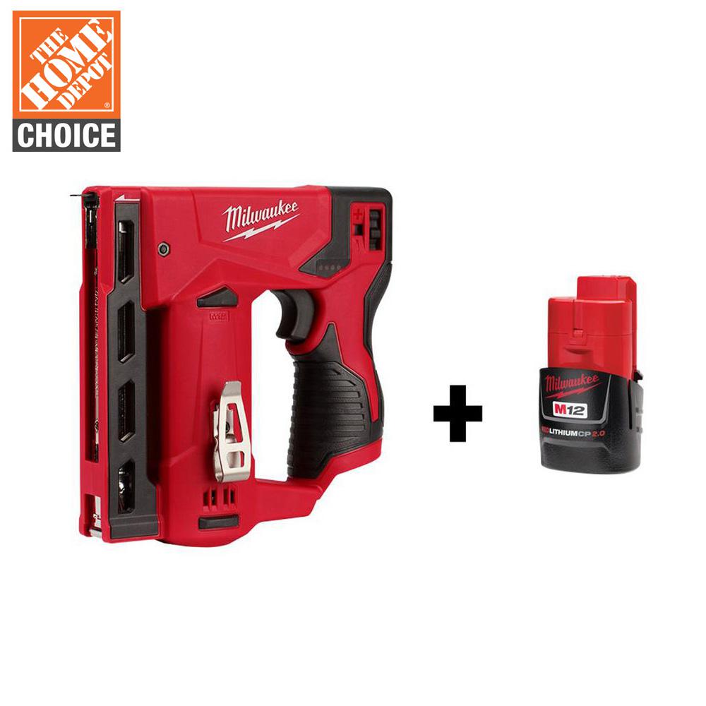 Milwaukee M12 12Volt LithiumIon Cordless 3/8 in. Crown Stapler with Free M12 2.0Ah Battery