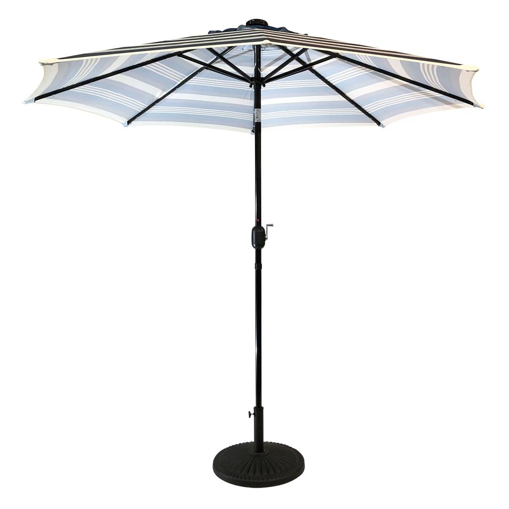 Sun Ray 9 Ft Steel Solar Lighted 8 Rib Round Market Patio Umbrella In Navy Striped 841006 The Home Depot