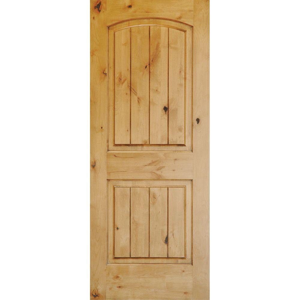 36 In X 80 In Knotty Alder 2 Panel Top Rail Arch V Groove Solid Wood Right Hand Single Prehung Interior Door