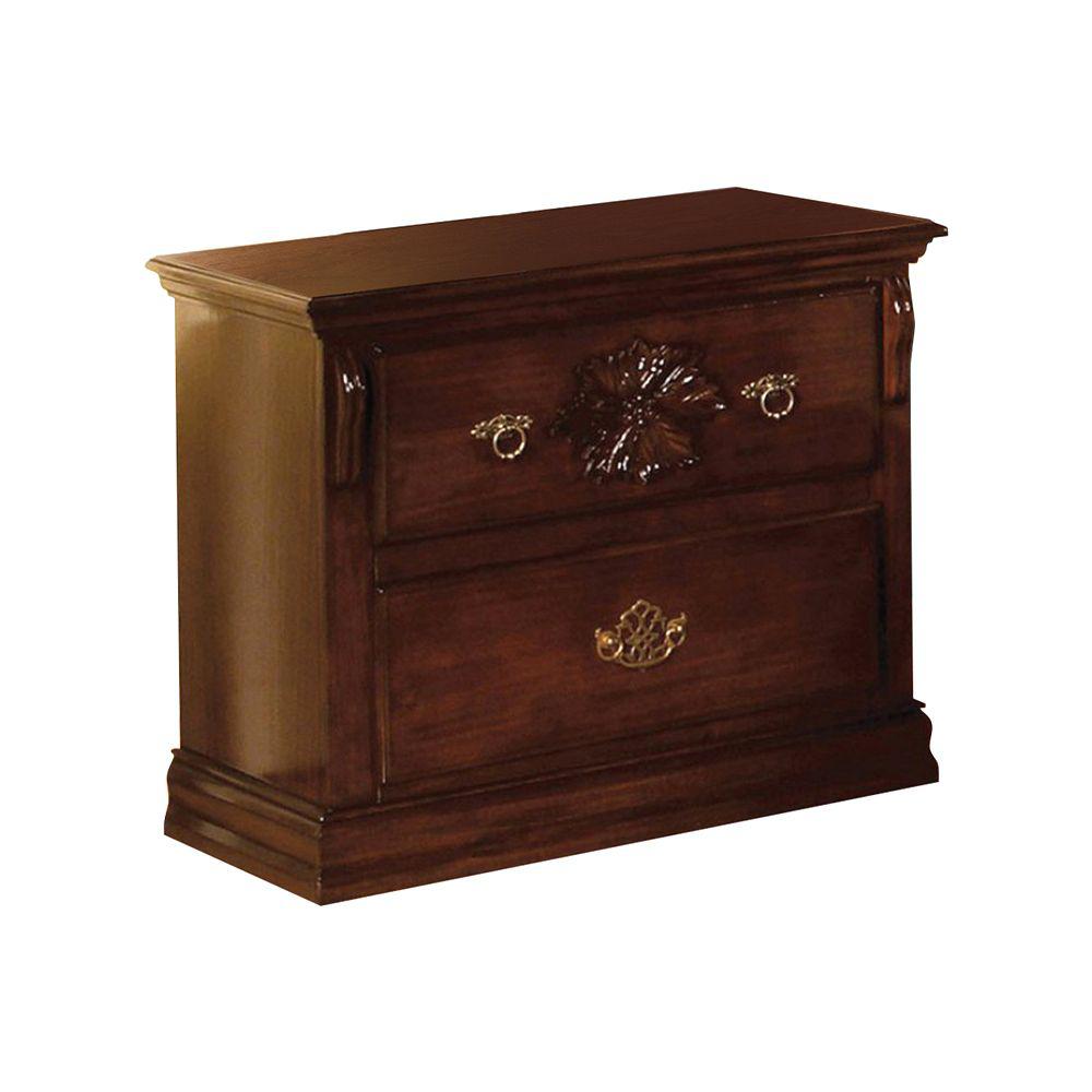 Benjara Dark Brown 2 Drawer Wooden Nightstand With Carved Floral Accents 16 In L X 28 In W X 19 In H Bm123240 The Home Depot