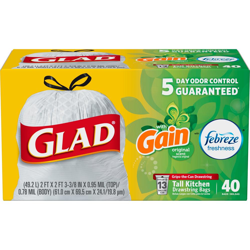 Glad 13 Gal Tall Kitchen Drawstring Odor Shield Trash Bags 40