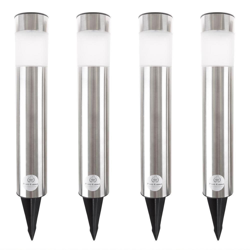 Pure Garden Stainless Steel Outdoor Integrated Led Landscape Path Solar Powered Column Lights 4 Pack M150082 The Home Depot