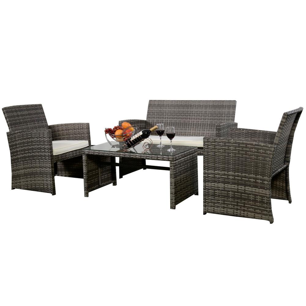 Costway Mix Gray 4 Piece Rattan Wicker Patio Conversation Set With Beige White Cushions Garden Lawn Furniture Costway Mix Gray 4 Piece Rattan Wicker Patio Conversation Set With Beige White Cushions Garden Lawn Furniture