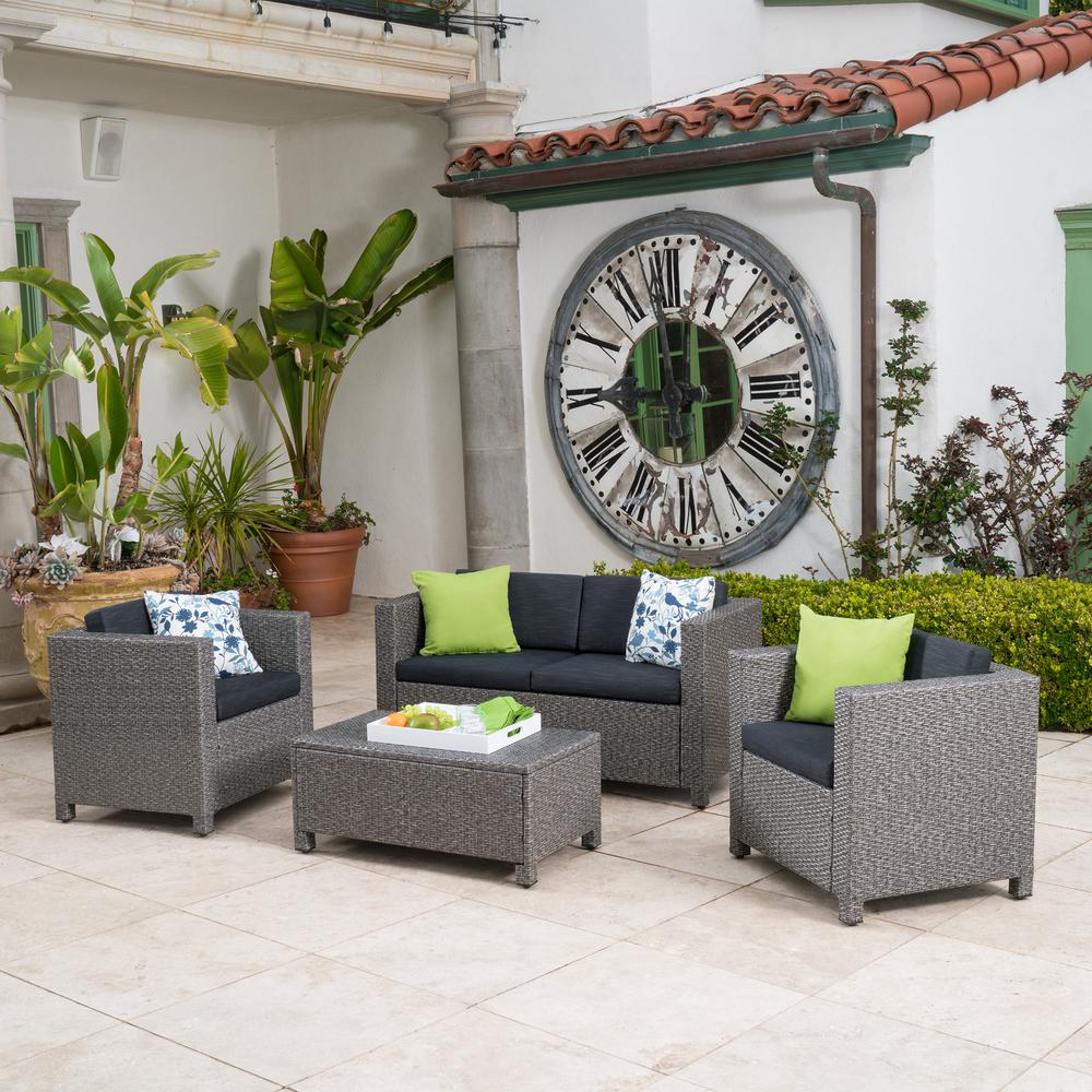 Noble House Puerta Grey 4 Piece Wicker Patio Conversation Set With Puerta Grey 4 Piece Wicker Patio Conversation Set With Mixed Black Cushions