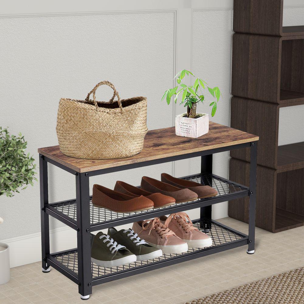 Benjara 17 7 In H X 11 8 In W Vintage Black And Brown 6 Pair 2 Shelf Wood And Metal Freestanding Shoe Rack Bm197488 The Home Depot