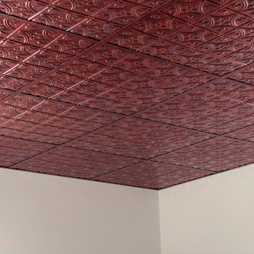 Fasade Traditional Style 1 2 Ft X 2 Ft Vinyl Lay In Ceiling Tile In Moonstone Copper