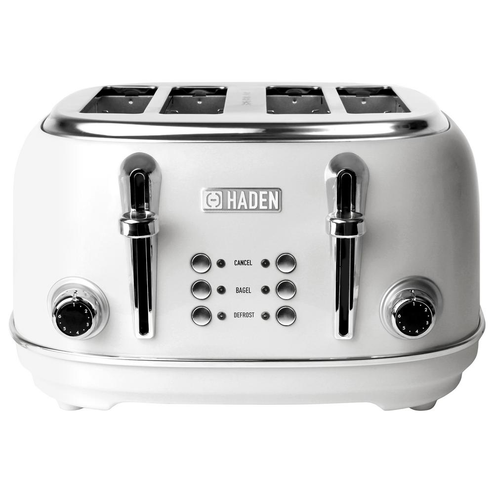 HADEN Heritage 1500Watt 4Slice White Wide Slot Retro Toaster with Removable Crumb Tray and