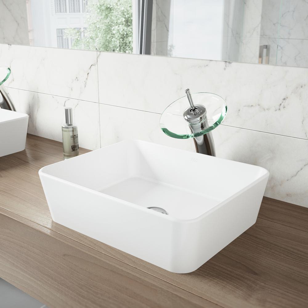 Vigo Marigold Vessel Bathroom Sink In White Matte Stone With Waterfall Faucet In Chrome And Pop Up Drain Included
