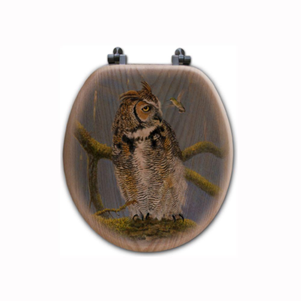 Fearless Owl and Hummingbird Round Closed Front Wood Toilet Seat in Oak