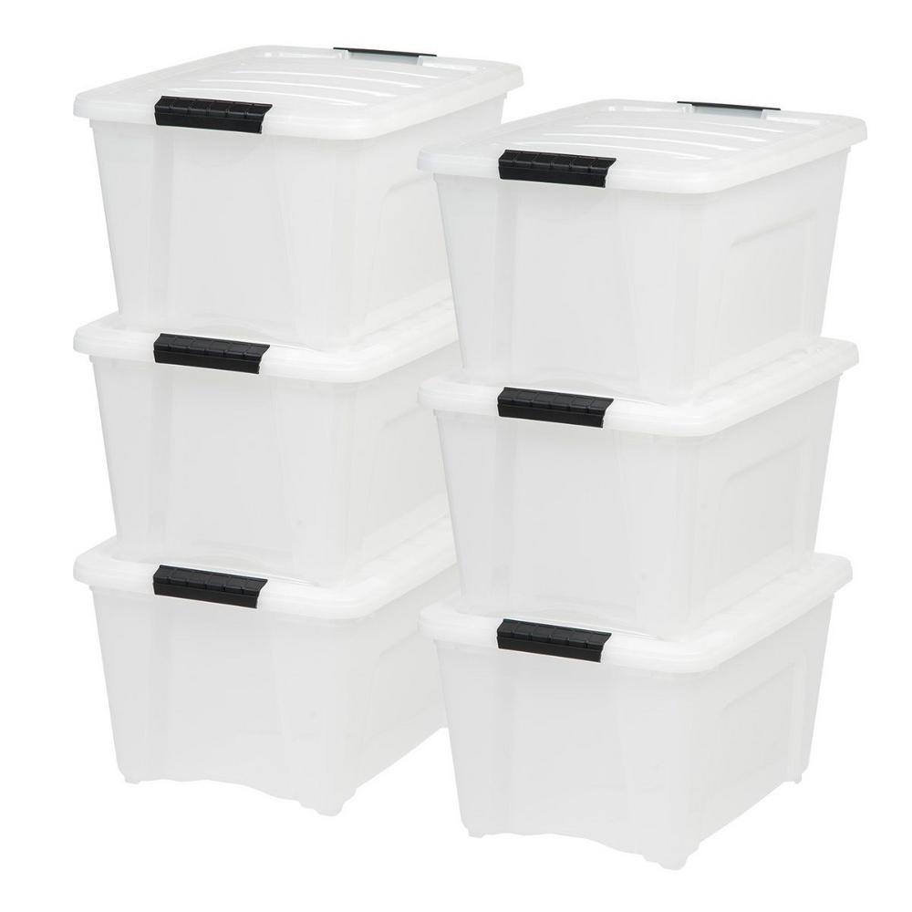 IRIS USA 32 Quart Stack & Pull™ Storage Box  Multi-Purpose Storage Bin  Pearl with Black Buckle  Set of 6