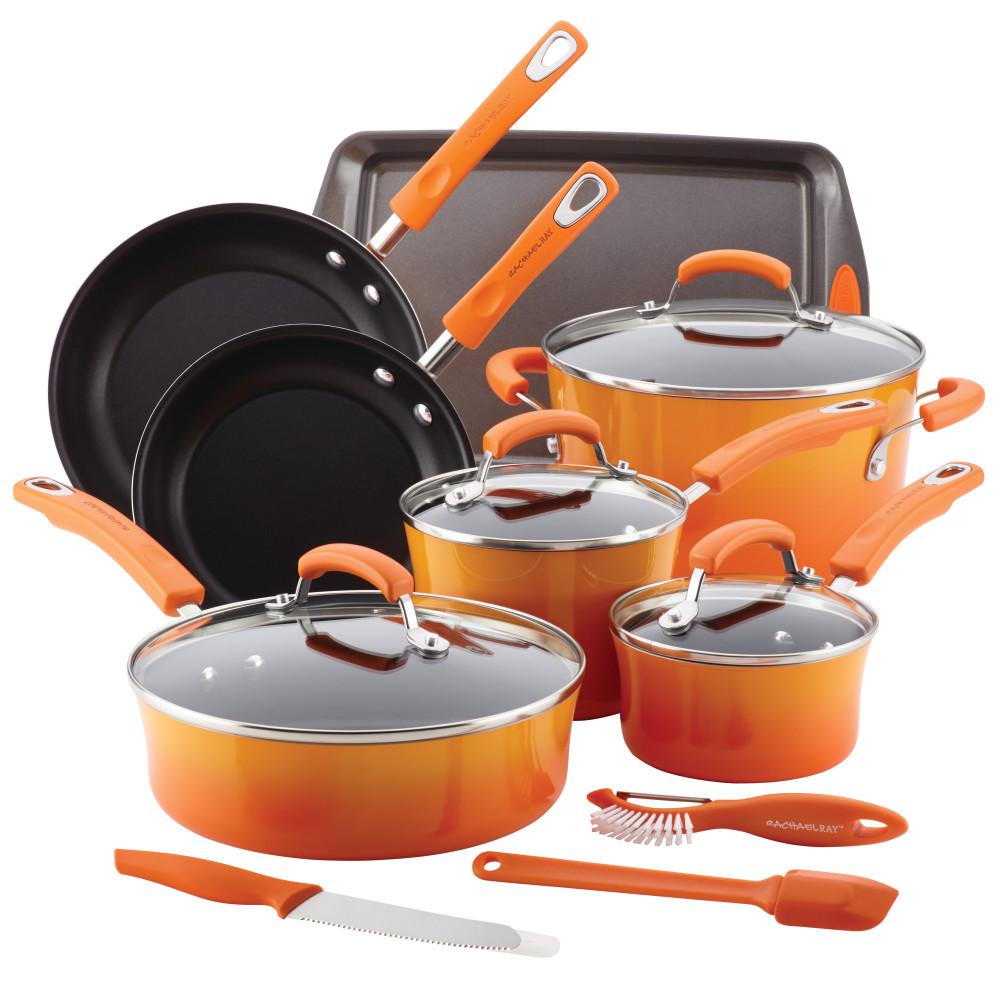 Rachael Ray Classic Brights 14 Piece Orange Porcelain Nonstick
