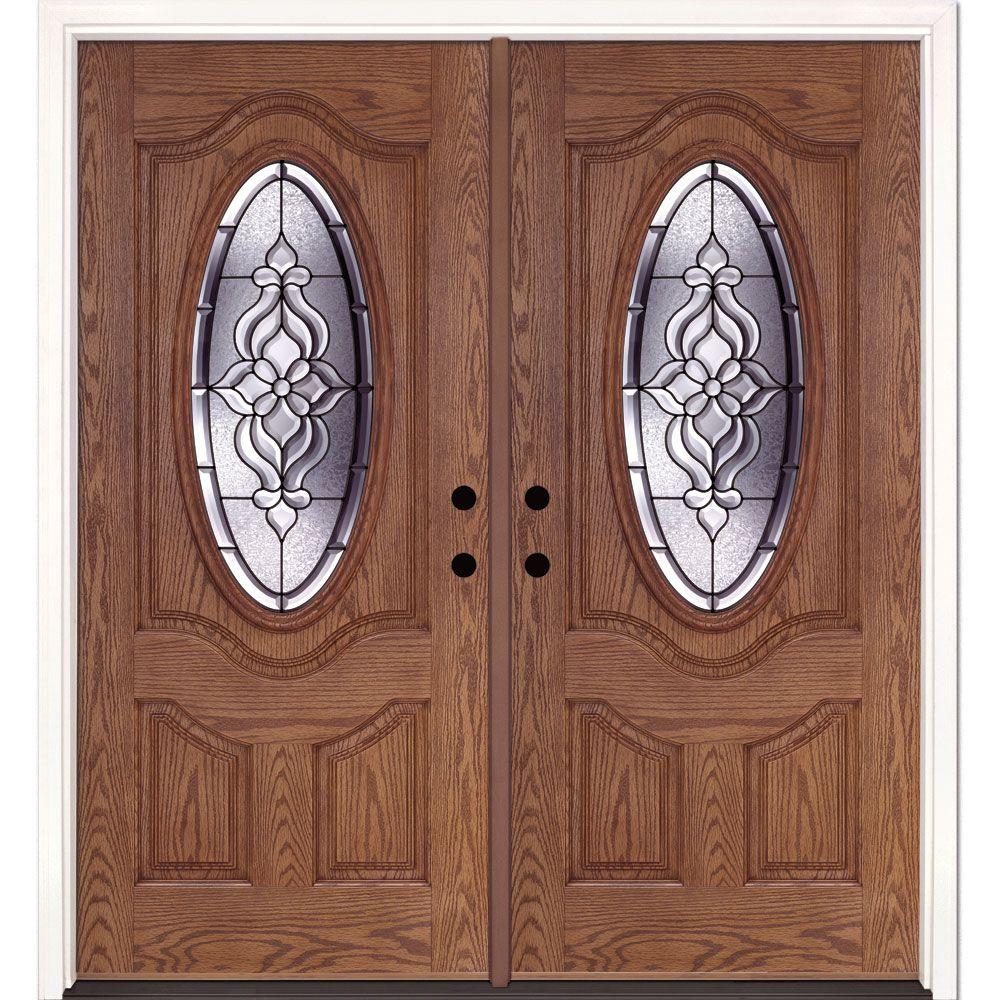 Modern Double Door Front Doors Exterior The Home Depot 74 In X 81 625 Lakewood Patina 3 4 Oval Lite Stained Medium