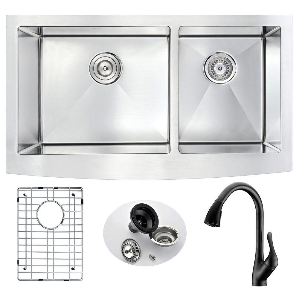 Anzzi Elysian Farmhouse Stainless Steel 33 In Double Bowl Kitchen