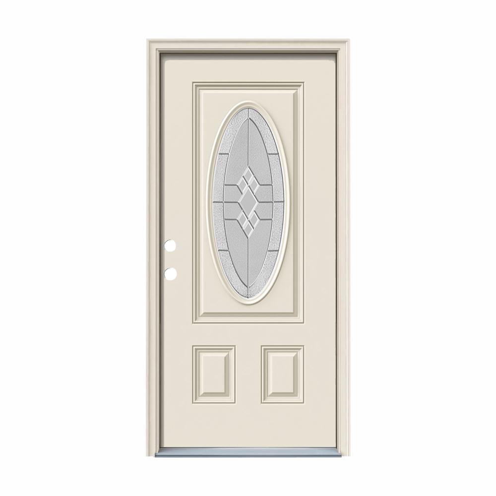 Jeld Wen 36 In X 80 3 4 Oval Lite Kingston Primed Fiberglass Prehung Right Hand Inswing Front Door W Brickmould