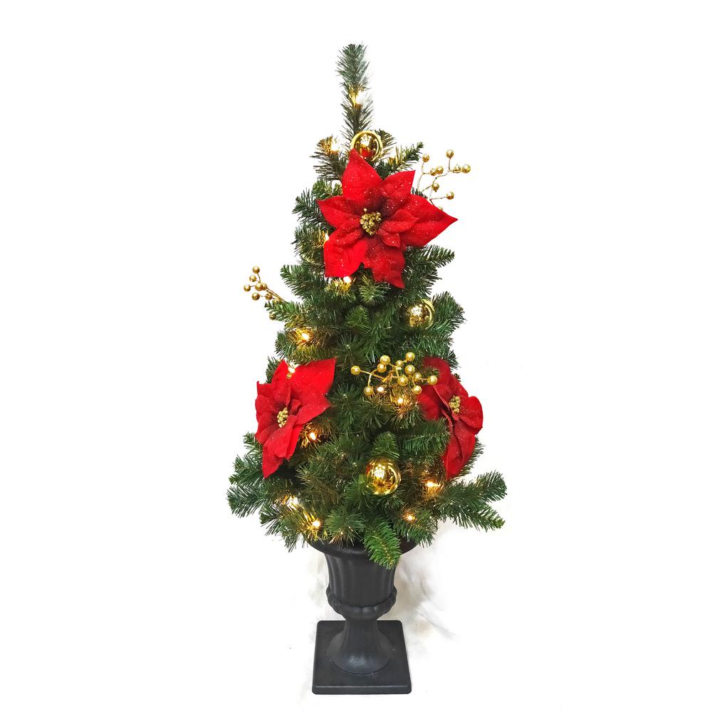 Pre-Lit Glittered Poinsettia Potted Artificial Christmas Tree with 35 Clear Lights