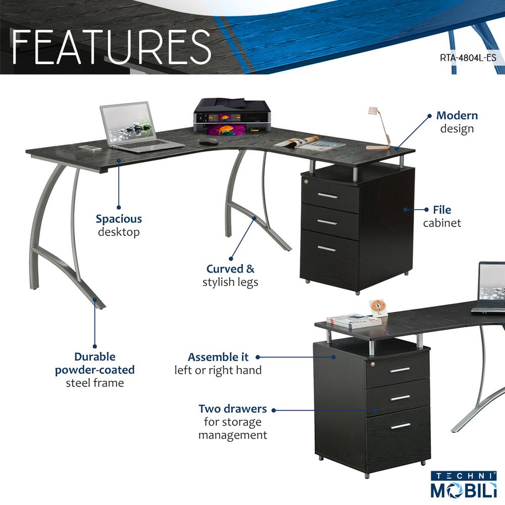 Techni Mobili 59 In L Shaped Espresso 3 Drawer Computer Desk With