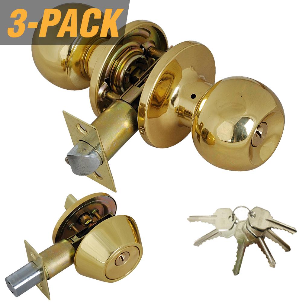 Grip Tight Tools Solid Brass Entry Door Knob Combo Lock Set With