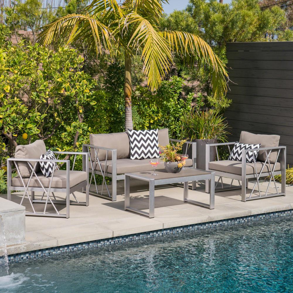 Noble House Silver 4-Piece Metal Patio Conversation Set with Khaki ...