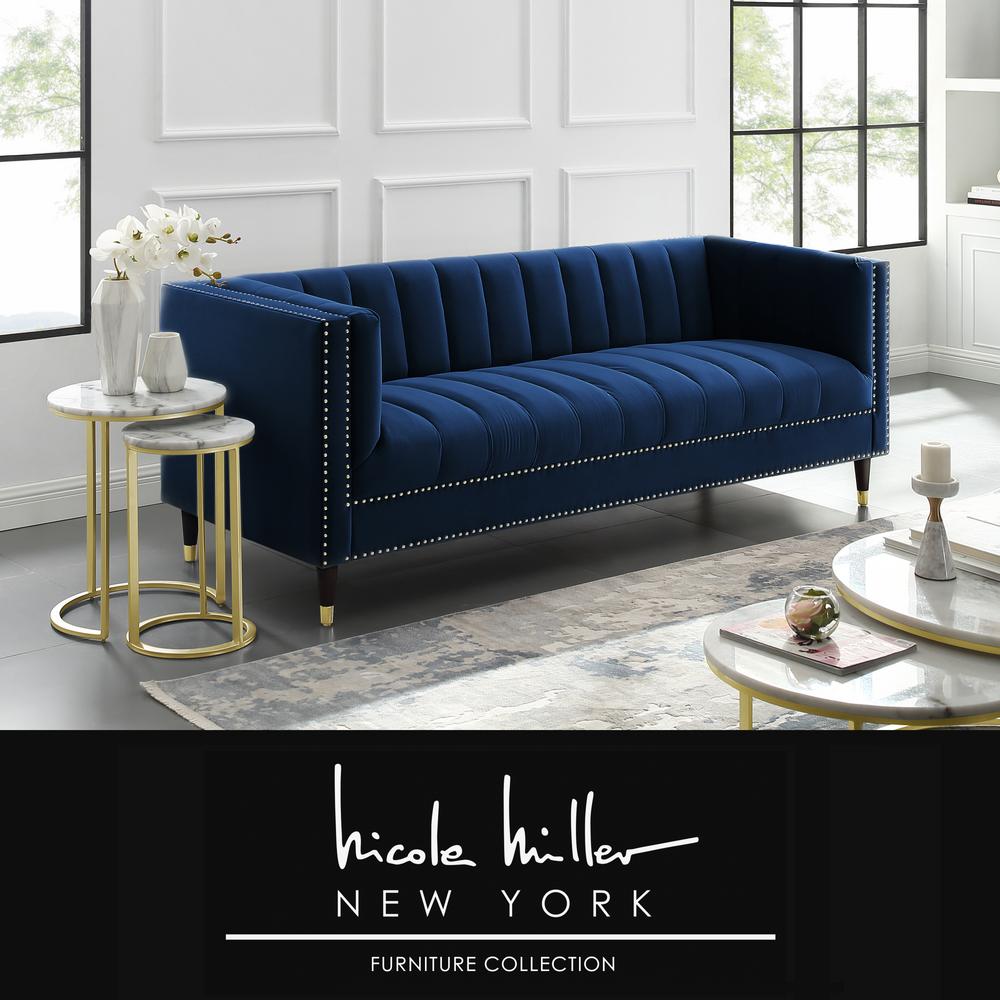 Nicole Miller Joan Navy Gold Velvet Sofa With Line Stitch Tufted