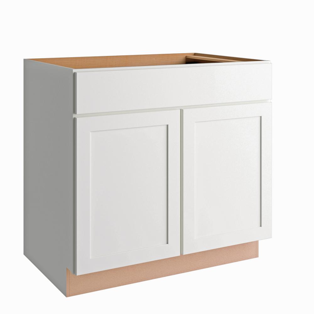 Hampton Bay Courtland Shaker Assembled 36 in. x 34.5 in. x 24 in. Stock Base Kitchen Cabinet in Polar White Finish