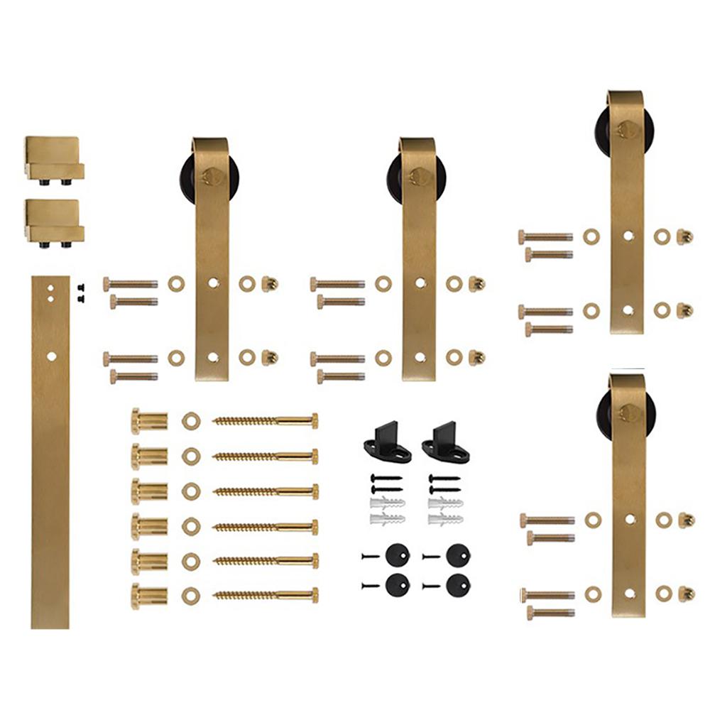 96 in. Satin Brass Sliding Barn Door Hardware Track Kit for Double Wood