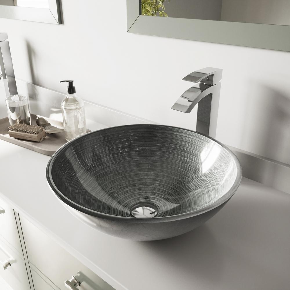 Vigo Glass Vessel Bathroom Sink In Simply Silver And Duris Faucet Set In Chrome