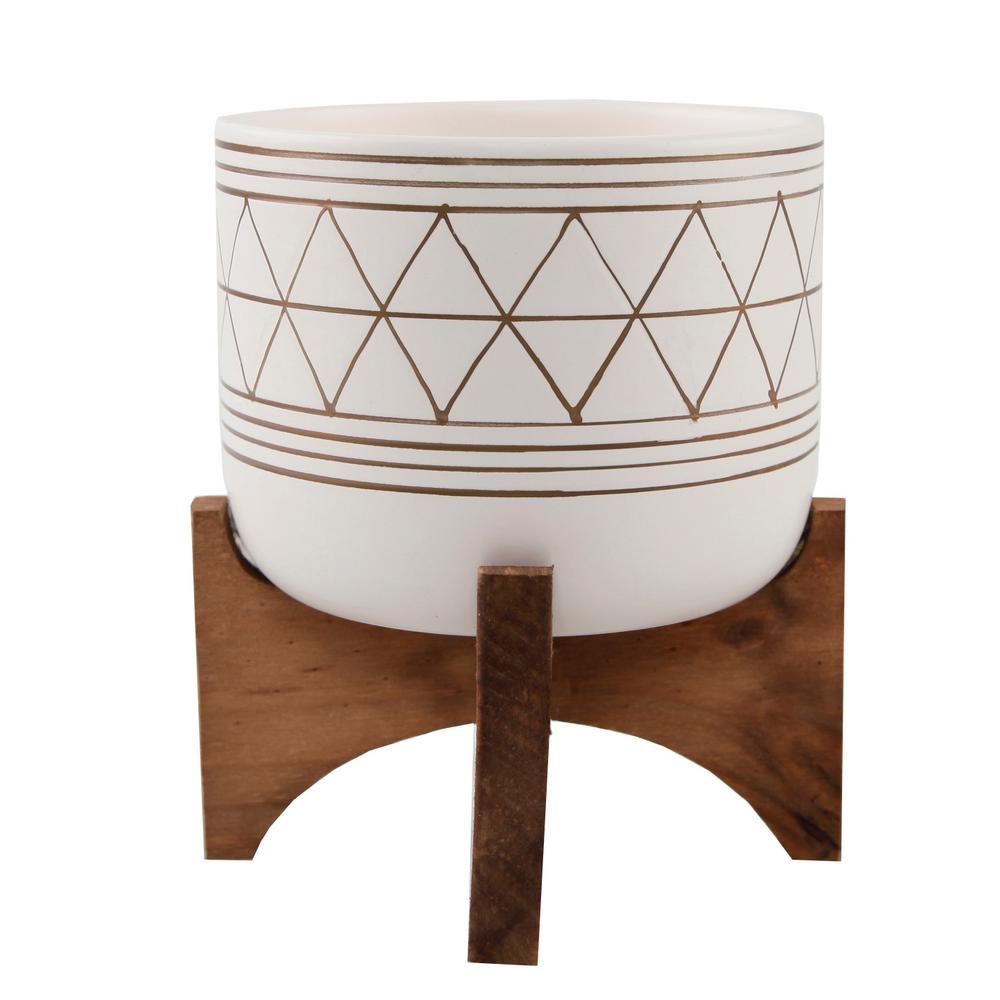 MidCentury 5 in. White/Gold Line Ceramic Geometric Pot with Wood Stand