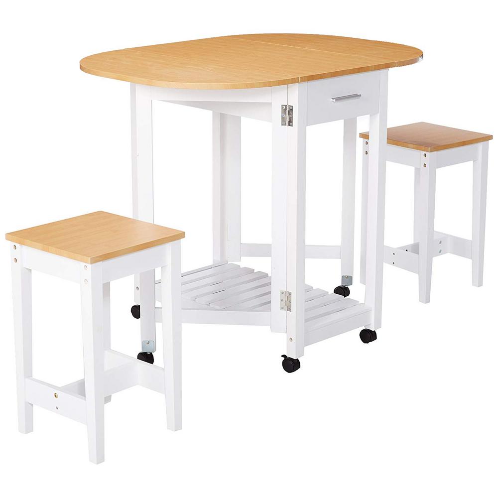 White Table Kitchen Island 3 piece white kitchen island breakfast bar set with casters and drop down island table with 2 stools