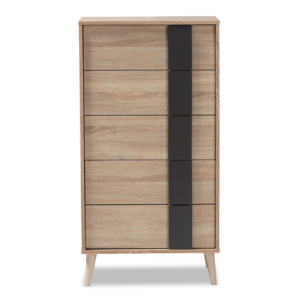 Baxton Studio Lisen 5 Drawer Oak Brown And Dark Grey Chest 148
