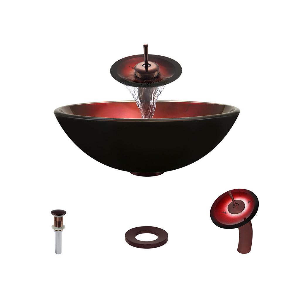 MR Direct Glass Vessel Sink in Red Foil Undertone with Waterfall Faucet