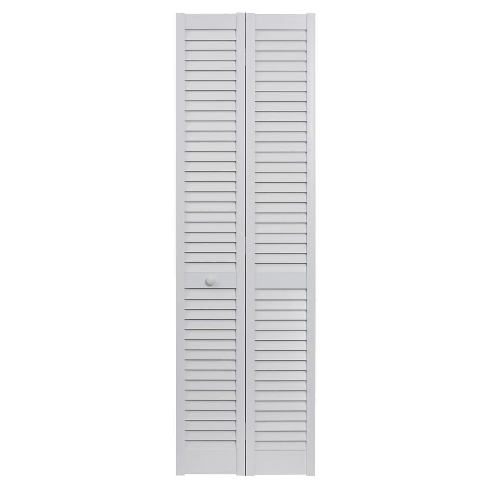 Kimberly Bay 32 in. x 80 in. Plantation Louvered Solid Core White Wood ...