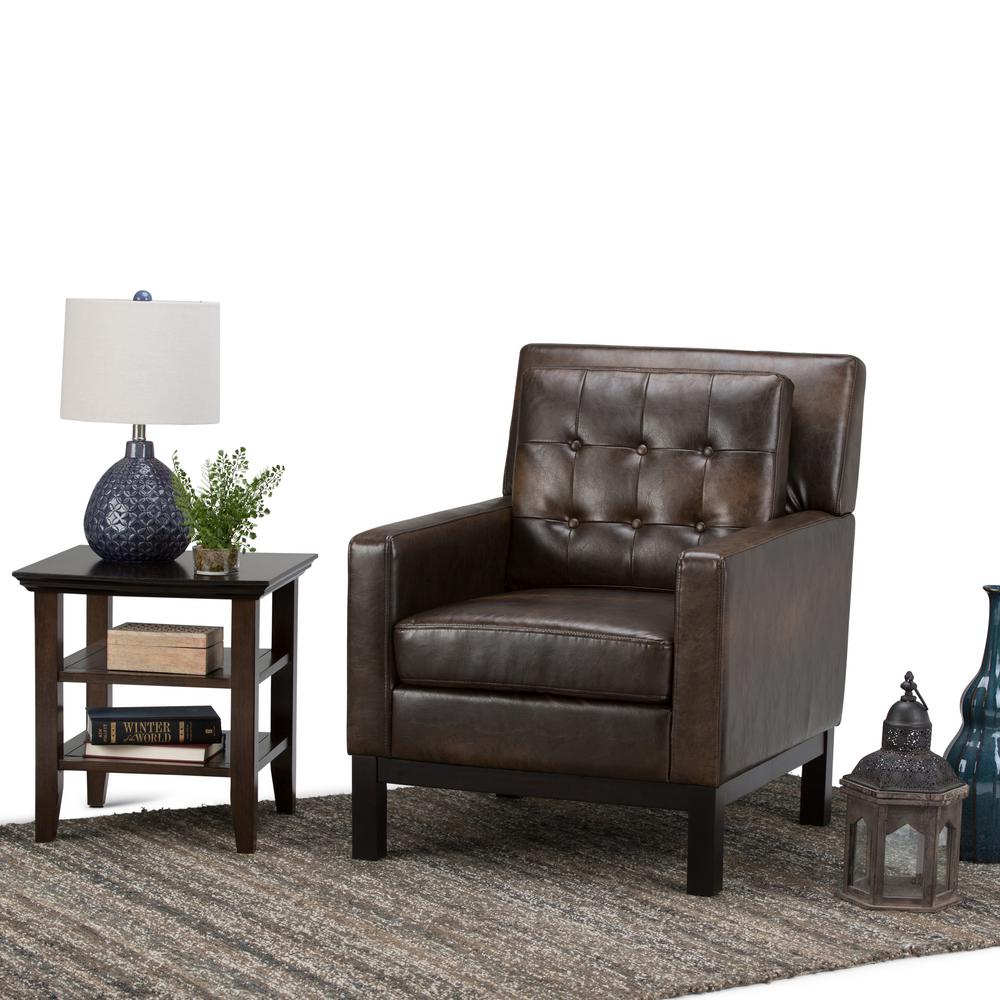 Simpli Home Carrigan Distressed Brown Bonded Leather Club Arm Chair