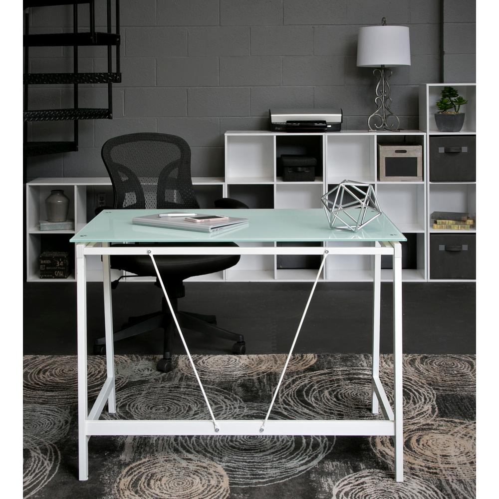 Onespace Contemporary Glass White And Cool Blue Writing Desk With