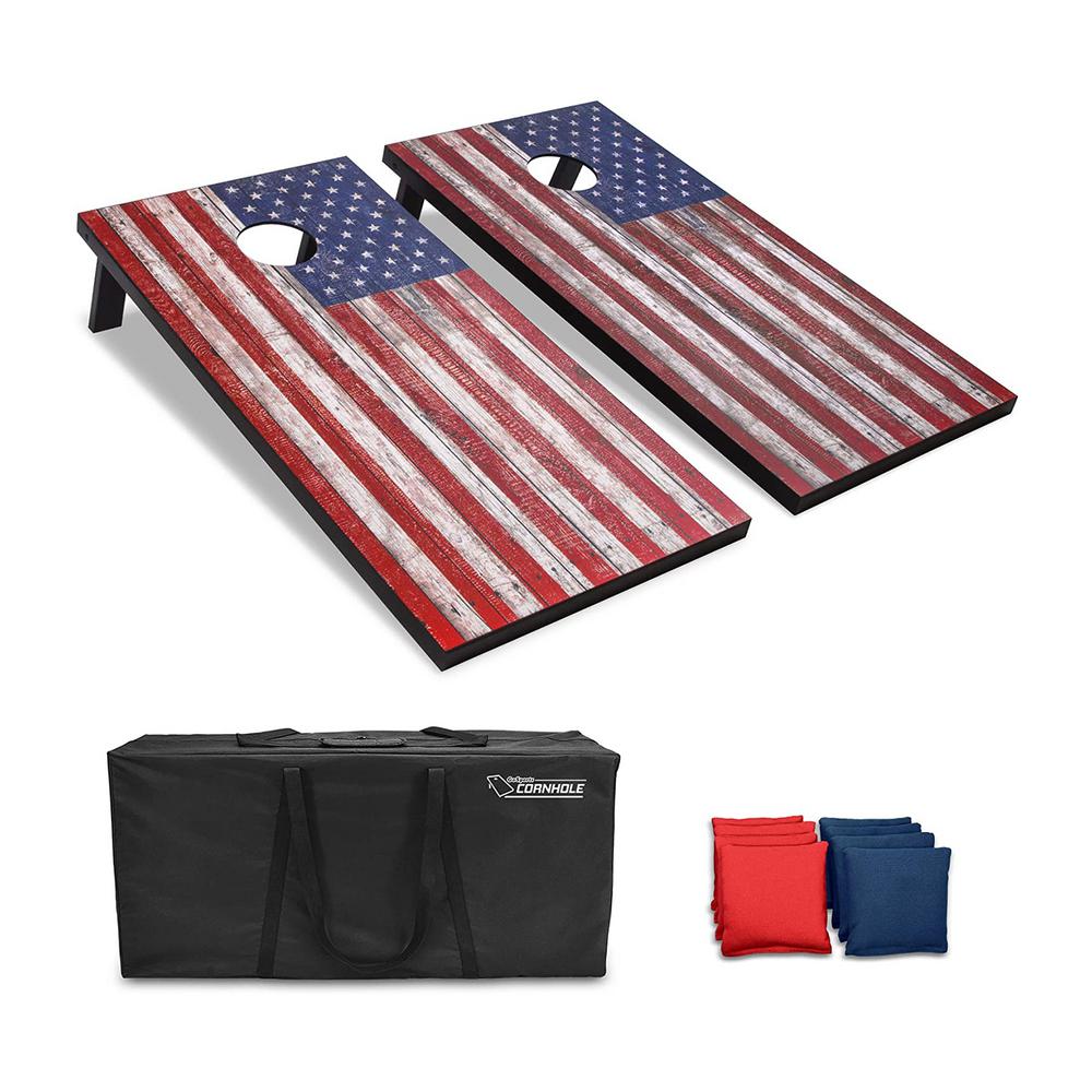 GoSports American Flag Regulation Size Cornhole Set Includes 8 Bags, Carry Case & Rules