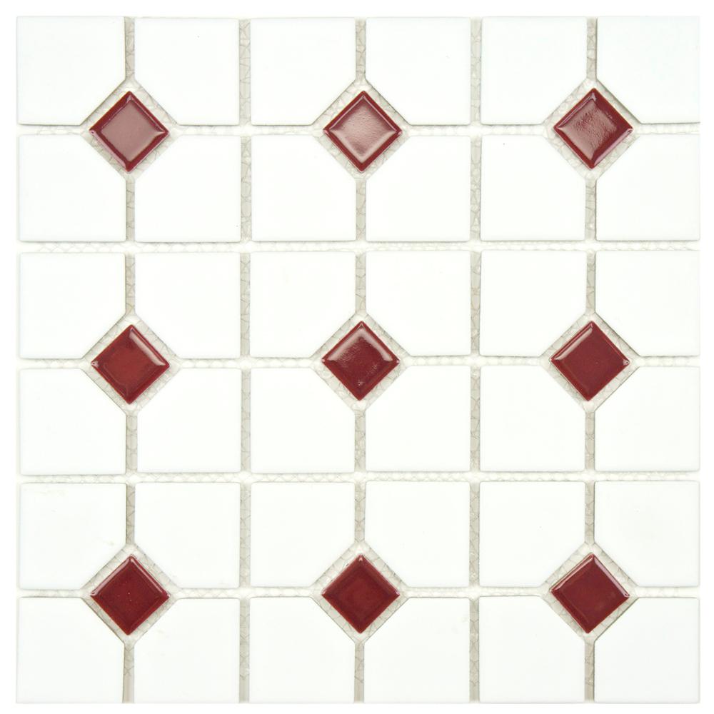 Merola Tile Oxford Matte White with Maroon Dot 111/2 in. x 111/2 in