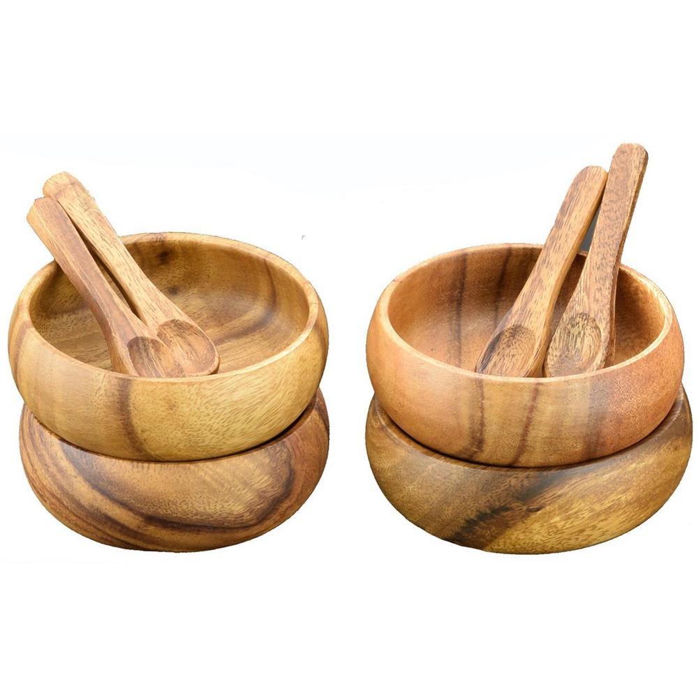 Acaciaware 4 in. 8Piece Wooden Round Dip and Nut Bowl Set with Spoons