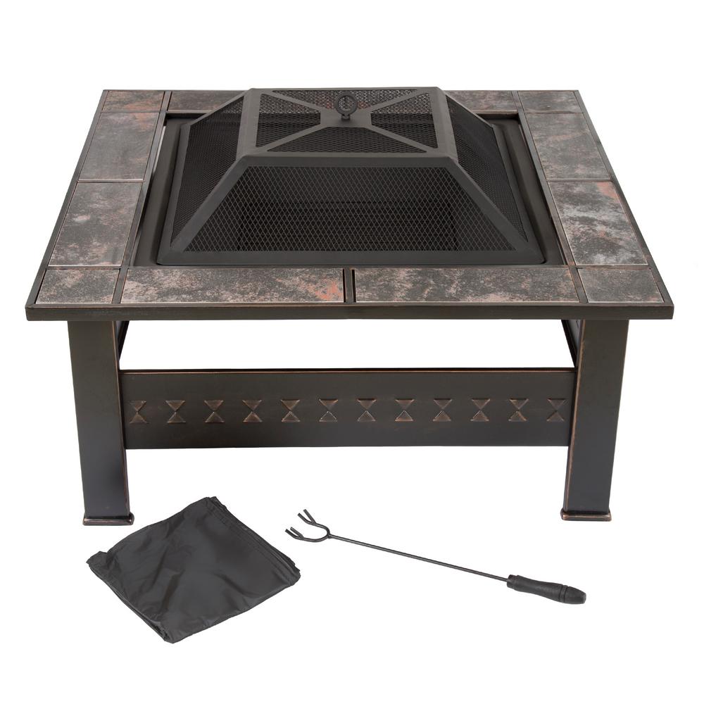 Pure Garden 32 In Steel Square Tile Fire Pit With Cover M150074