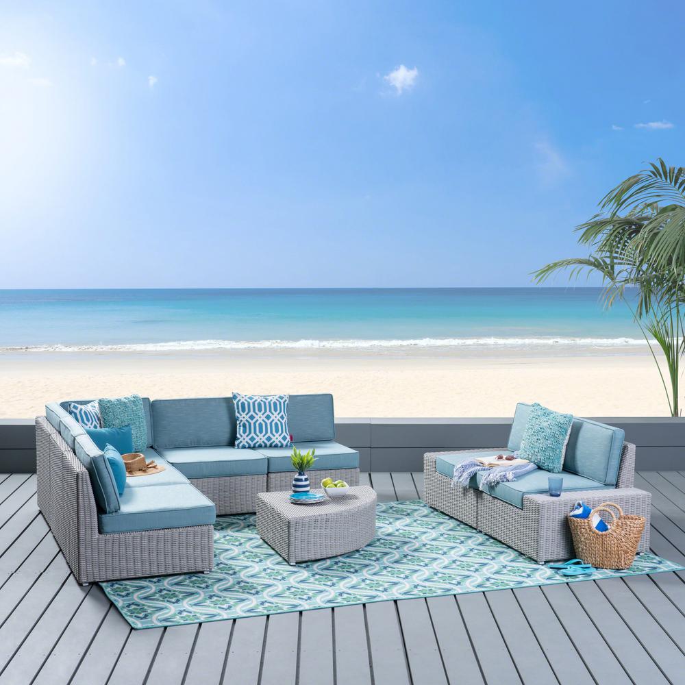 Noble House Santa Cruz Chalk Gray 8 Piece Wicker Patio Conversation Set With Teal Cushions