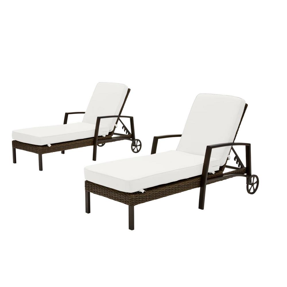 Hampton Bay Whitfield Dark Brown Wicker Outdoor Patio Chaise Lounge with CushionGuard Chalk White Cushions (2-Pack) was $699.0 now $531.24 (24.0% off)