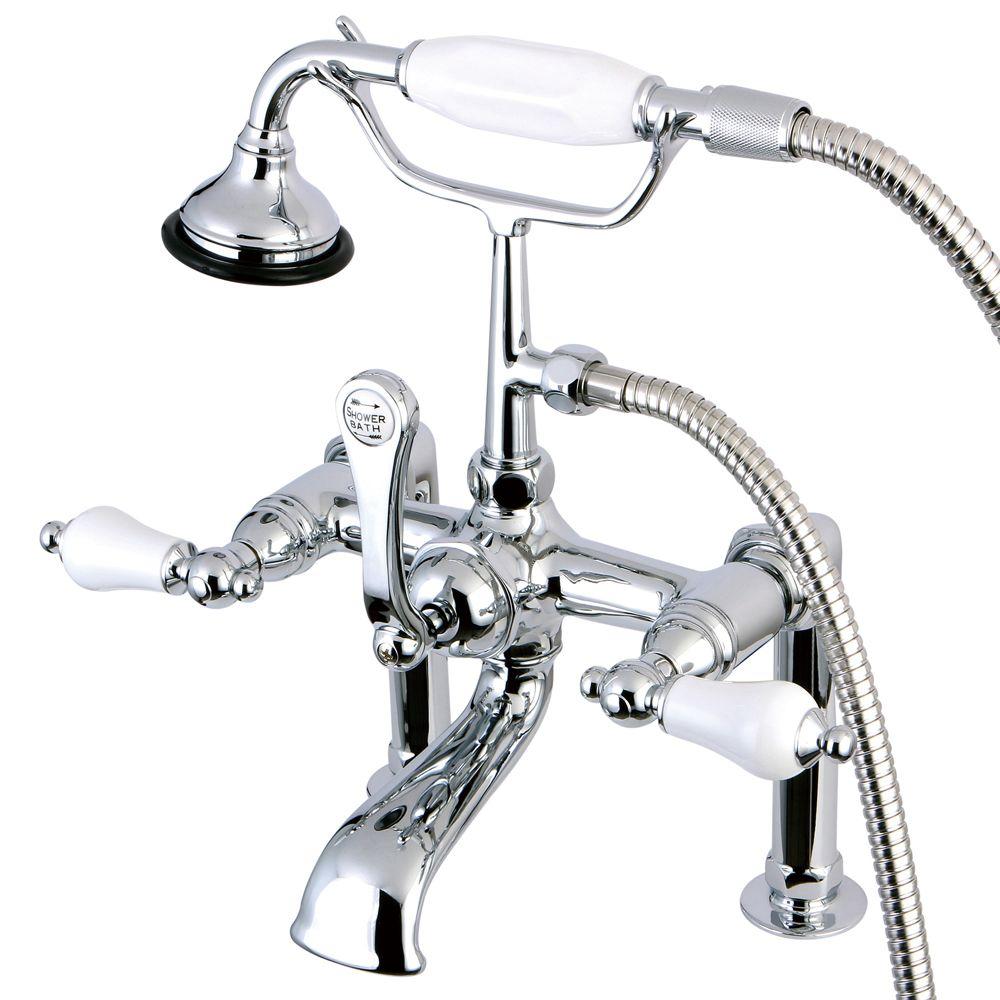 Aqua Eden Porcelain Lever 3 Handle Deck Mount High Risers Claw Foot Tub Faucet With Handshower In Polished Chrome