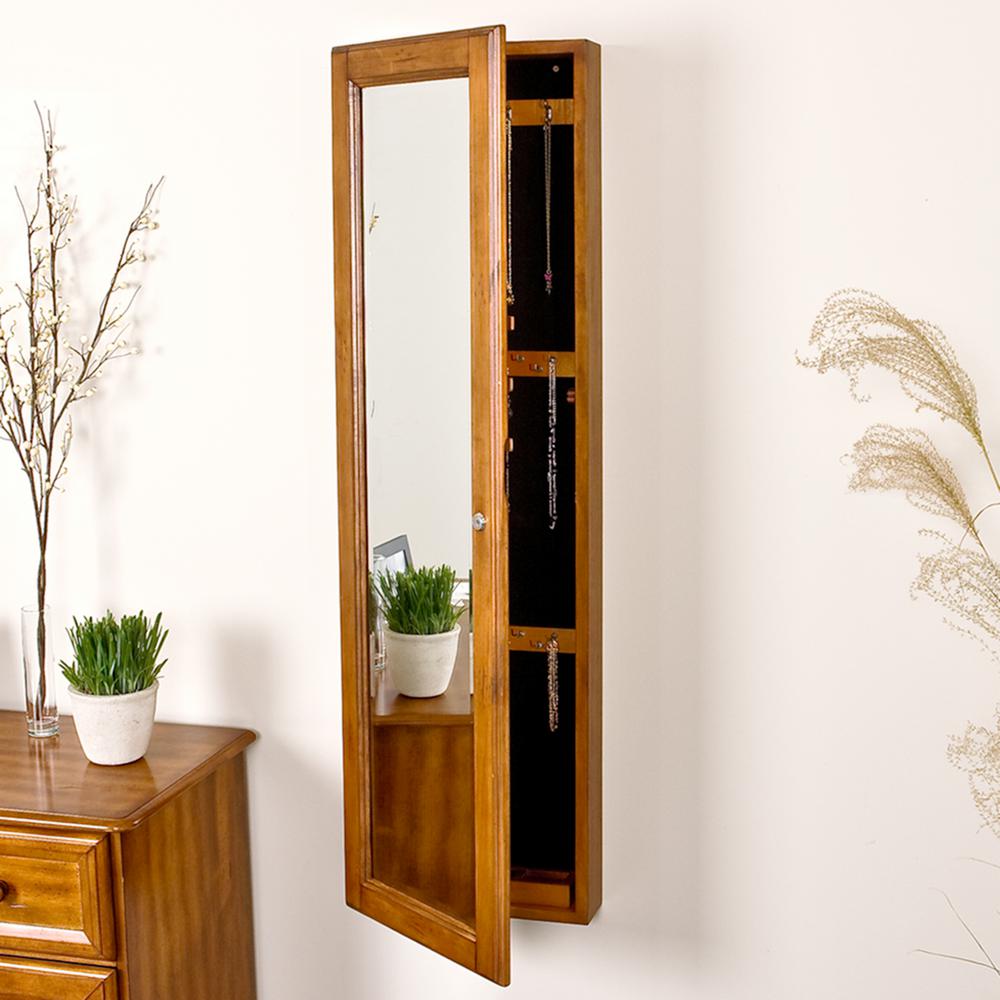 Southern Enterprises 48 1 4 In X 14 1 2 In Wall Mounted Jewelry Armoire With Mirror In Plantation Oak Vm5064 The Home Depot