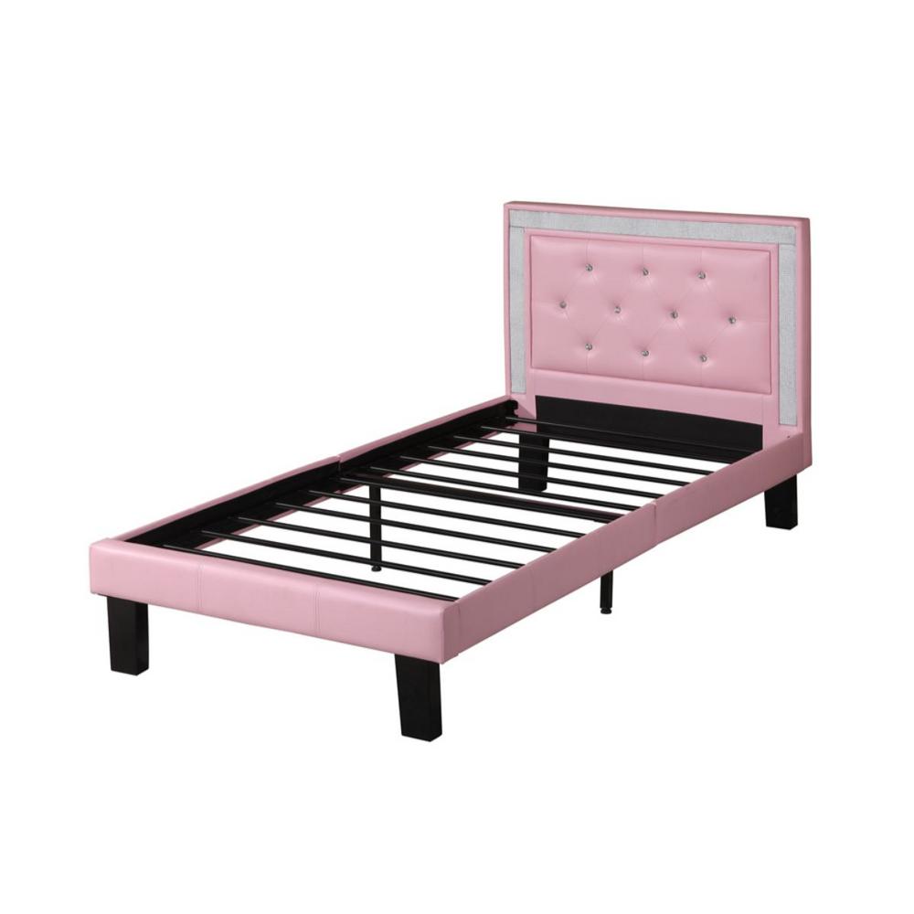 Benjara Polyurethane Pink Twin Size Bed with High Headboard 