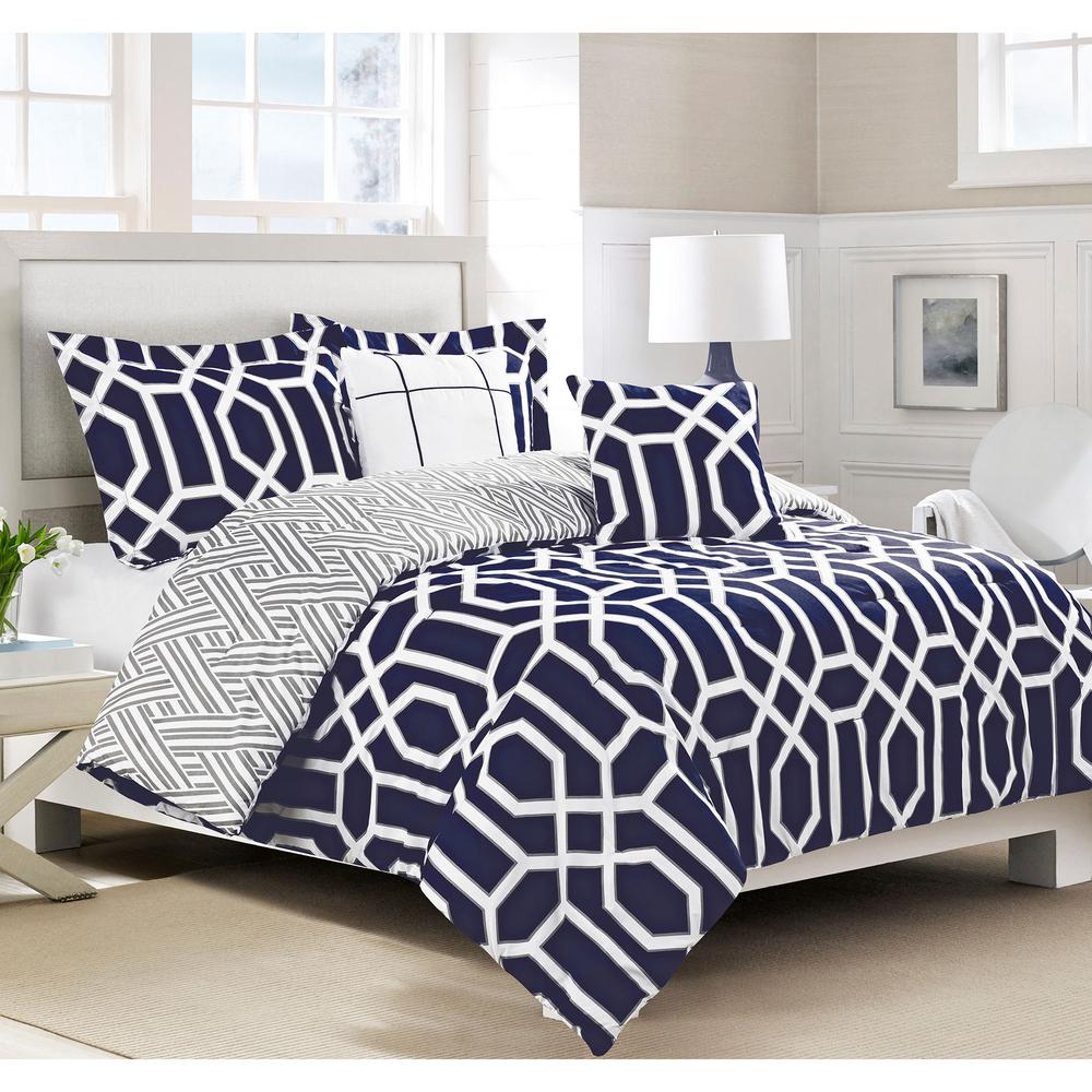 Runa 5 Piece Navy Grey White Full Comforter Set Ymz008085 The