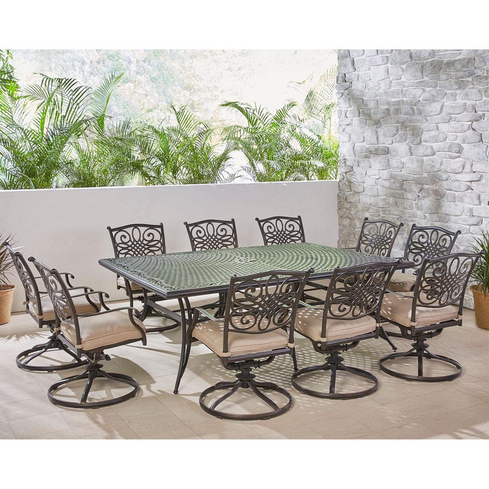 Hanover Traditions 11 Piece Aluminum Outdoor Dining Set With 10 Swivel Rockers And Tan Cushions Traddn11pcsw10 The Home Depot