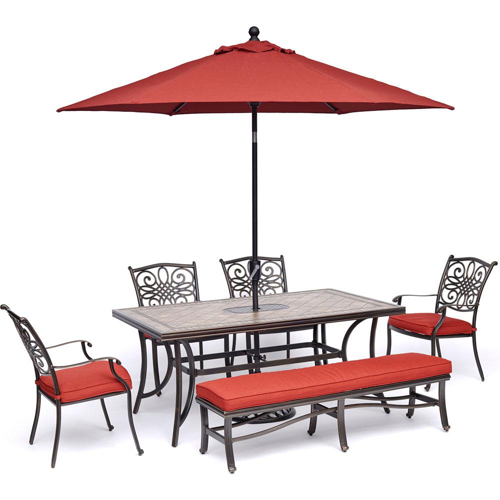 Hanover Monaco 6 Piece Aluminum Outdoor Dining Set With Red Cushions 4 Dining Chairs 1 Bench And Tile Table Top With Umbrella Mondn6pcbn R Su The Home Depot